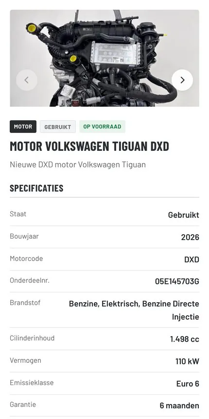 Een motor op jonkerhuissen.com, met motorcode, onderdeelnummer en garantie